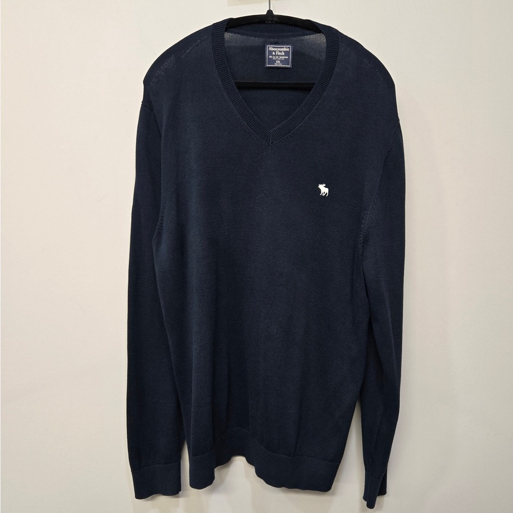 Abercrombie & Fitch V Neck Sweater Men XXL Black Lightweight Logo Casual Neutral